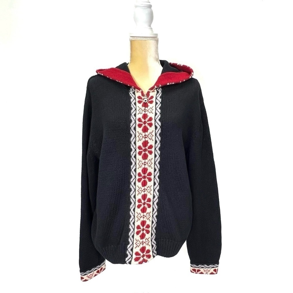 Woolrich Sweater Womens Size XL Ramie & Cotton Hooded Zip Front Black Red Blue